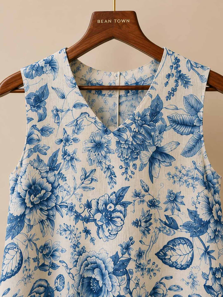Beige &amp; Blue Muslin Dress With Floral Print