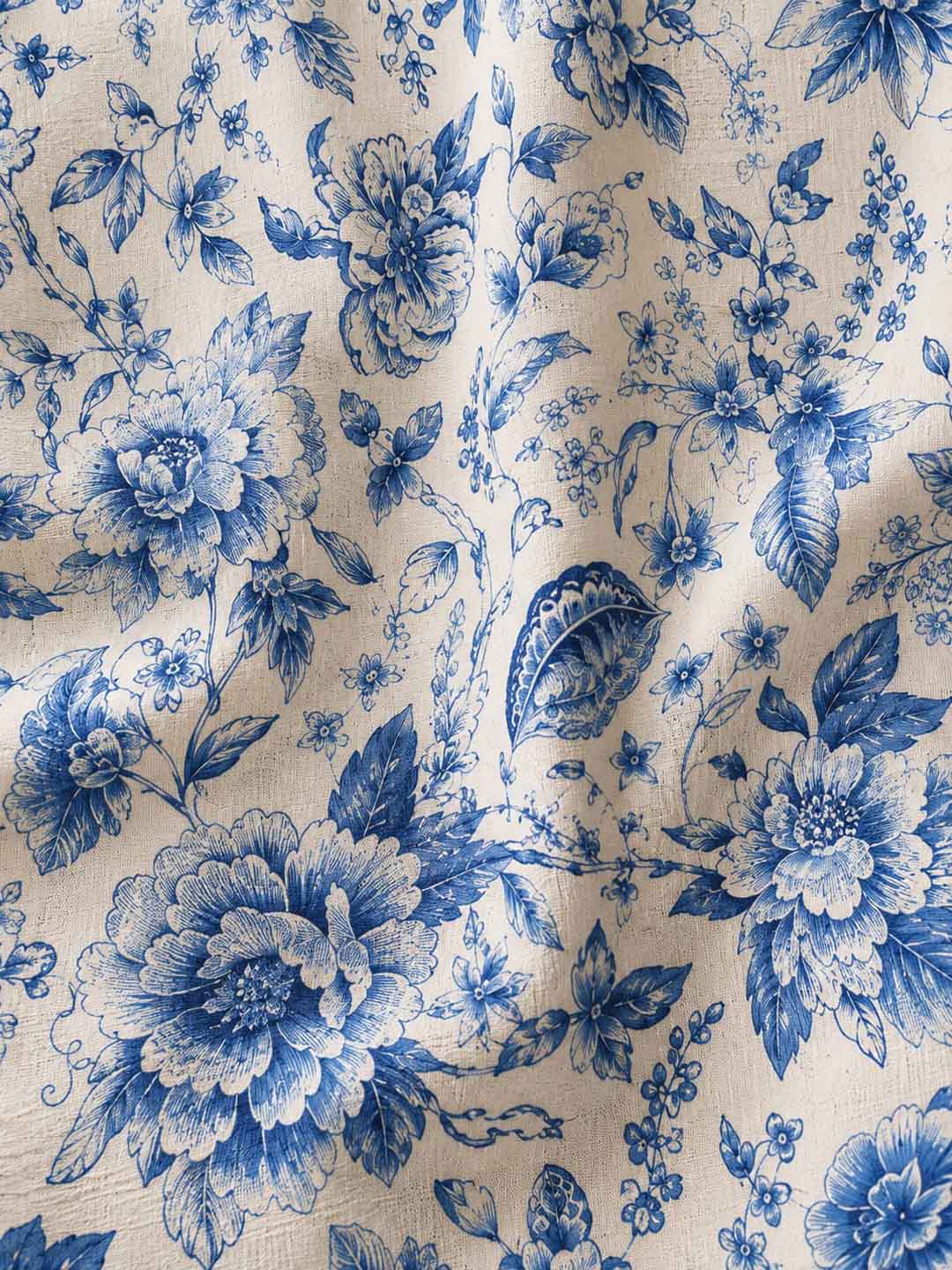 Beige &amp; Blue Muslin Dress With Floral Print