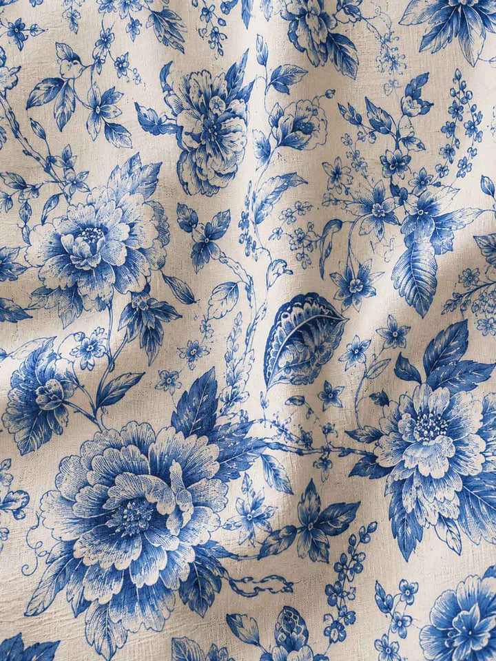 Beige &amp; Blue Muslin Dress With Floral Print