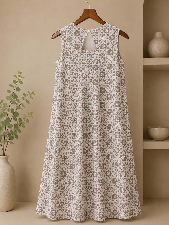 Beige And Grey Abstract Print Dress