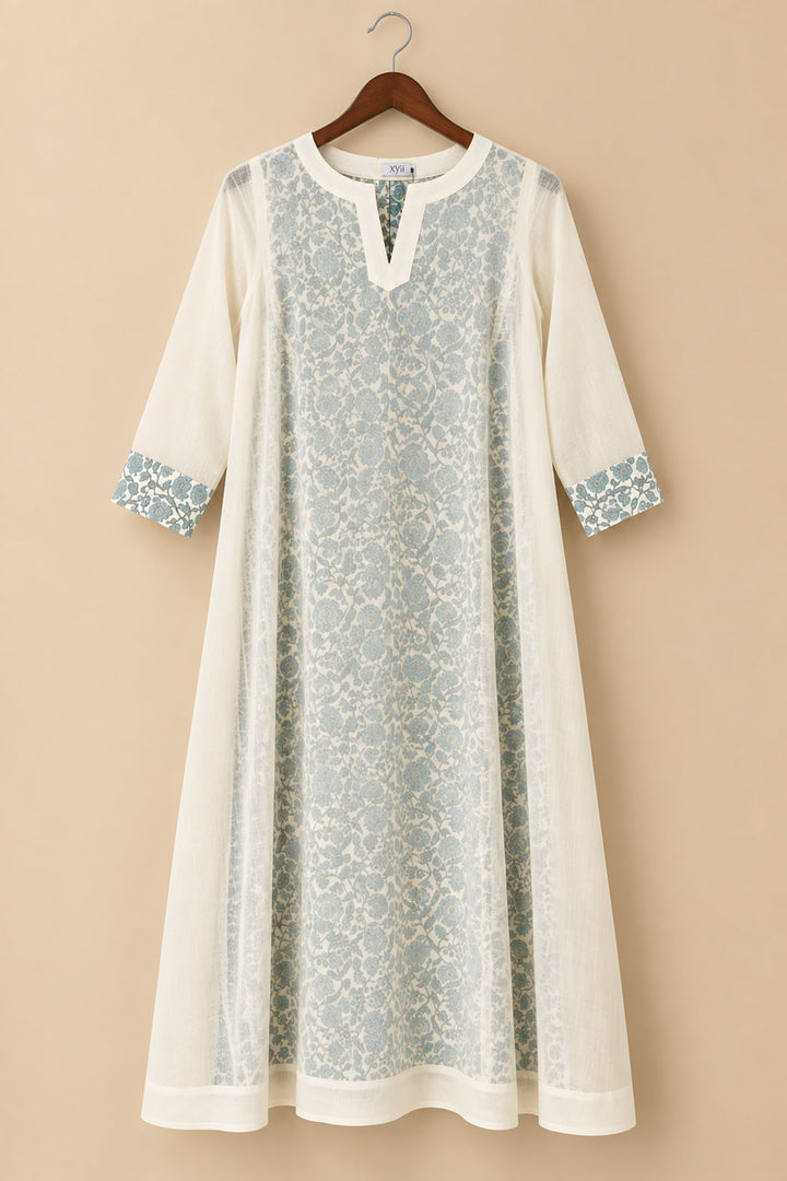 Off White With Blue Floral Dress