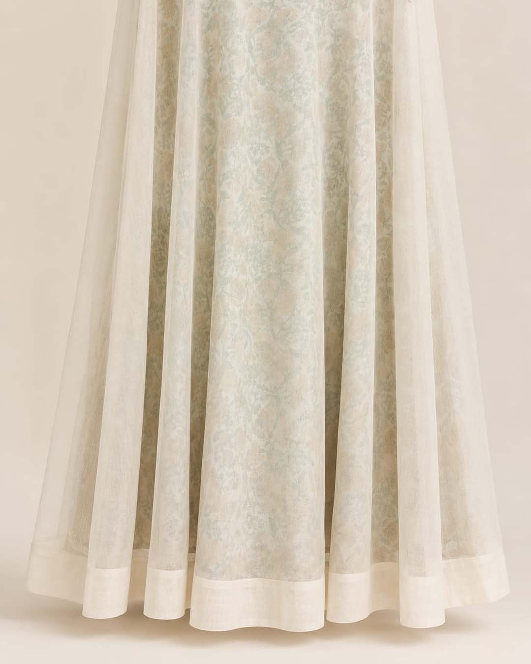 Off-White And Yellow Floral Print Layered A-Line Dress