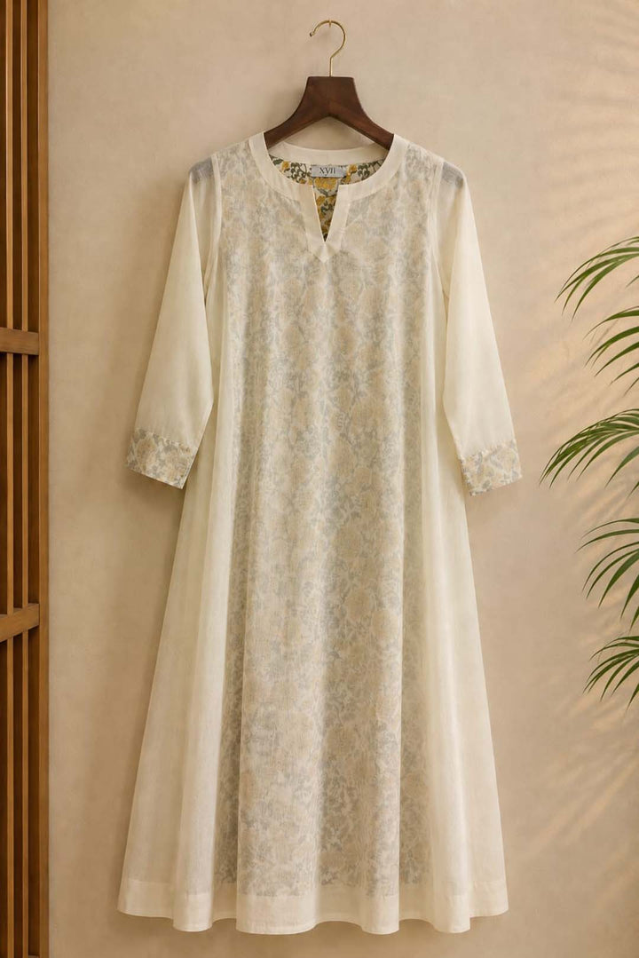 Off-White And Yellow Floral Print Layered A-Line Dress
