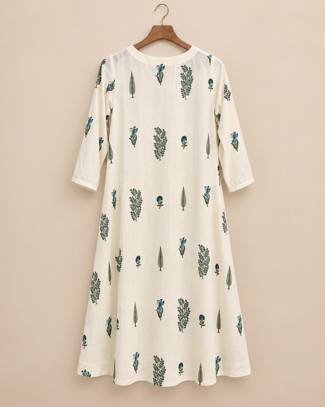 Off White With Teal Blue Floral Dress