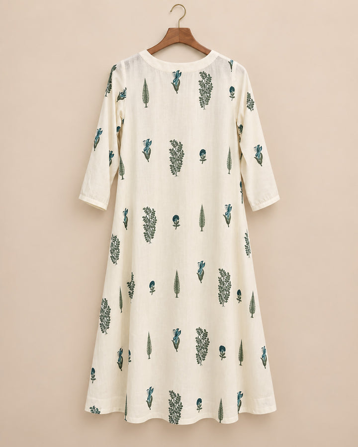 Off White With Teal Blue Floral Dress