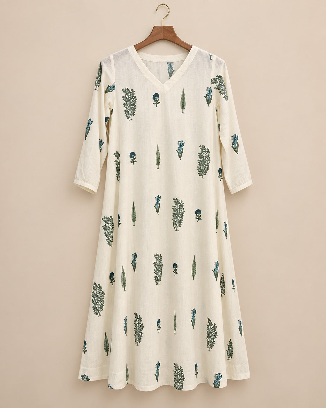 Off White With Teal Blue Floral Dress