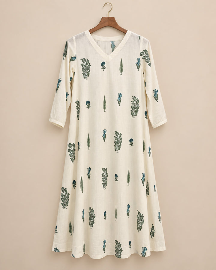 Off White With Teal Blue Floral Dress