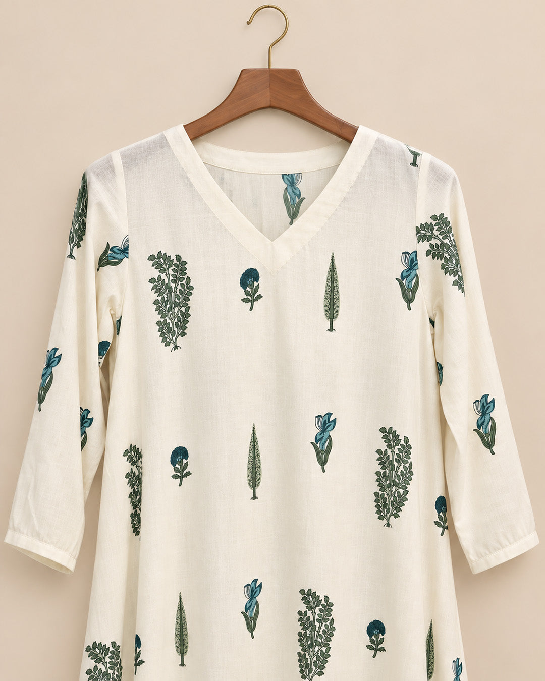 Off White With Teal Blue Floral Dress