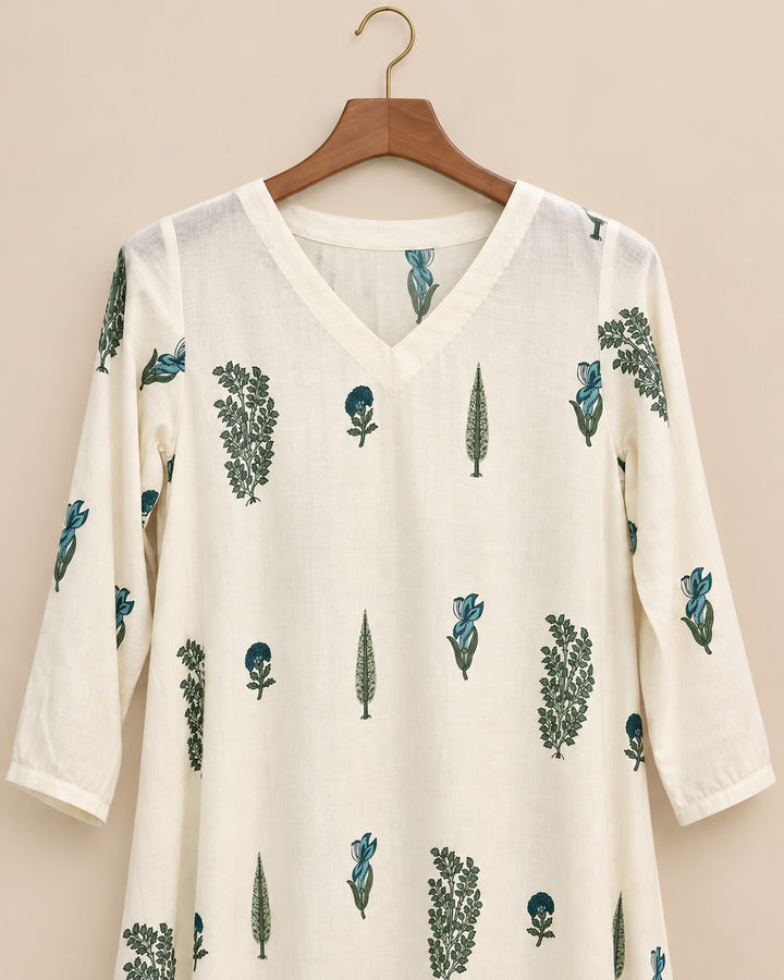 Off White With Teal Blue Floral Dress