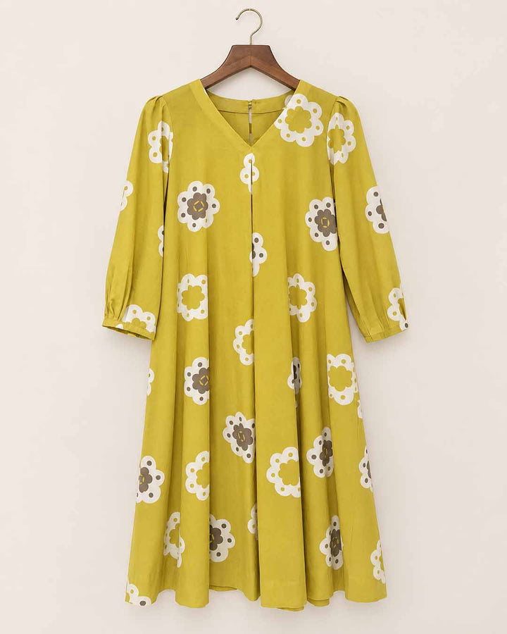 Lemon Yellow With Floral Print Dress