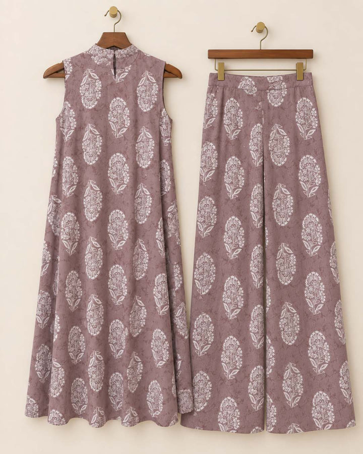 Mauve And White Floral Print Co-ord Set