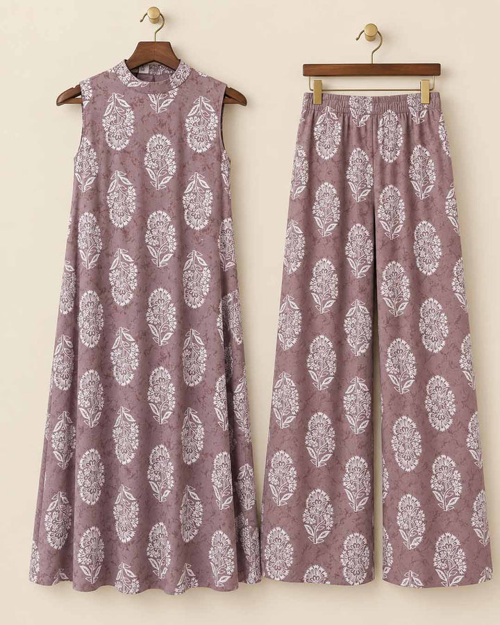 Mauve And White Floral Print Co-ord Set