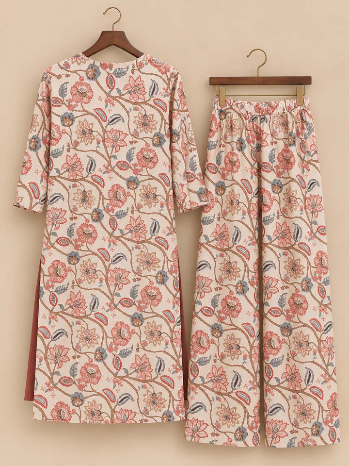 Off White With Pink And Light Blue Floral Co-ord Set