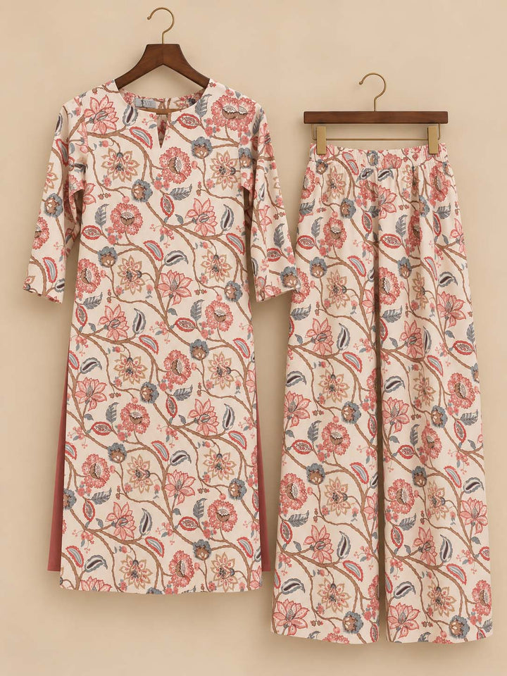 Off White With Pink And Light Blue Floral Co-ord Set