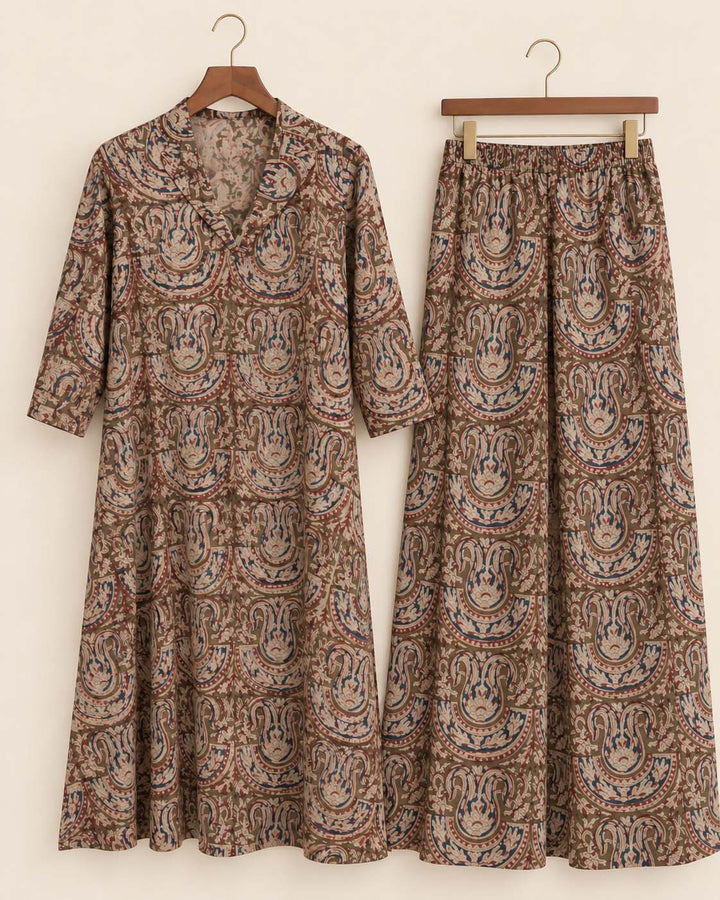 Earthy Brown-Green Printed Kalamkari Co-ord Set