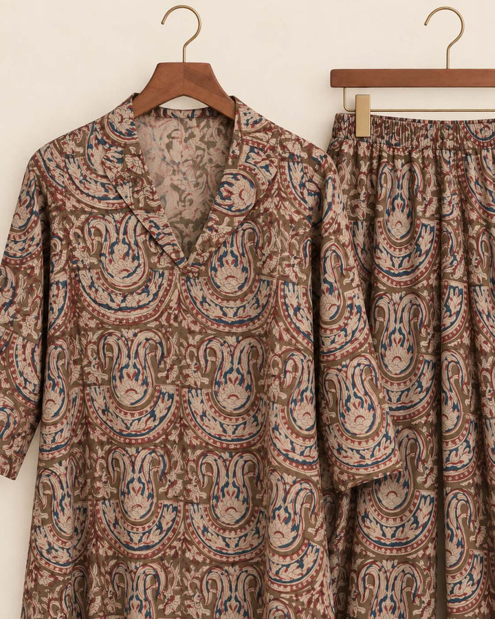 Earthy Brown-Green Printed Kalamkari Co-ord Set