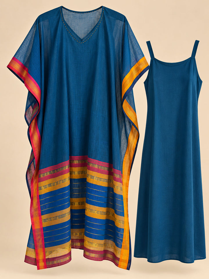 Dark Peacock Blue And Mustard Yellow Kaftan