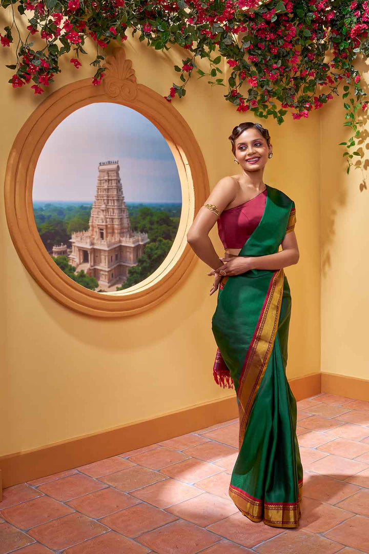 Emerald Green Kanchivaram Saree With Maroon And Gold Zari Border