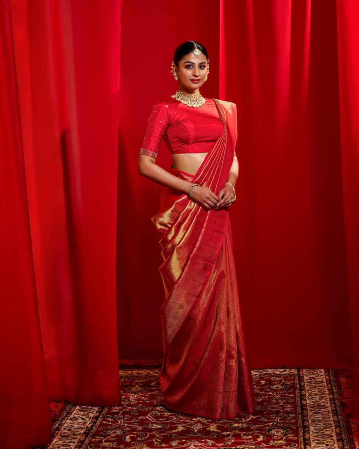 Red Geometric Brocade Kanchivaram Saree