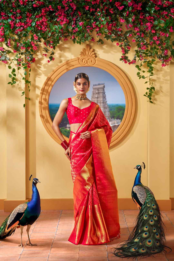 Red Kanchivaram Saree With Floral Brocade