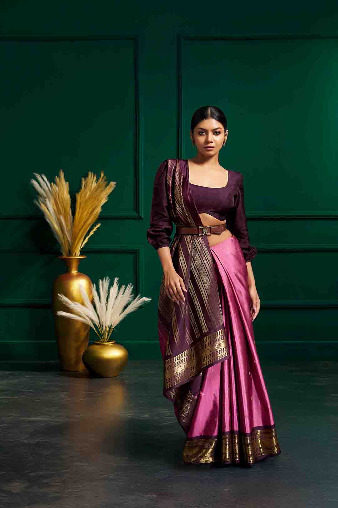 Onion Pink Kanchivarm Saree With Wine Border