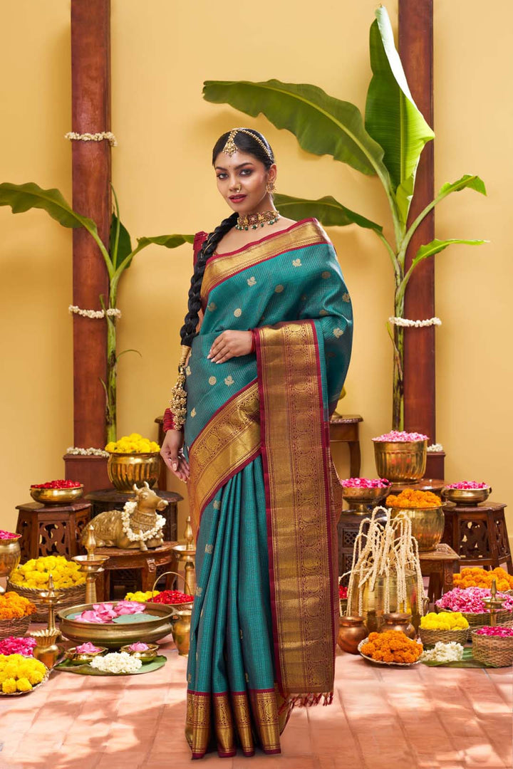 Teal Blue Checks Kanchivaram Saree With Maroon Border