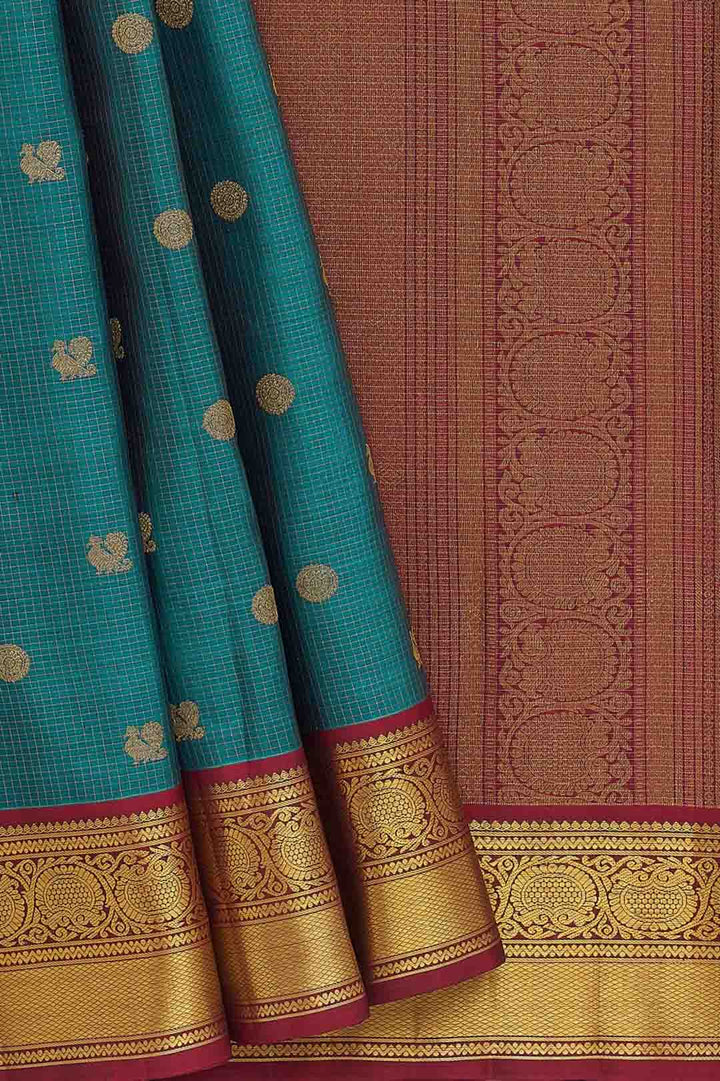 Teal Blue Checks Kanchivaram Saree With Maroon Border