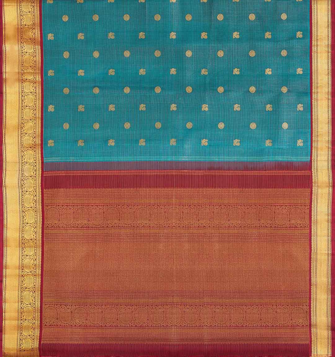 Teal Blue Checks Kanchivaram Saree With Maroon Border