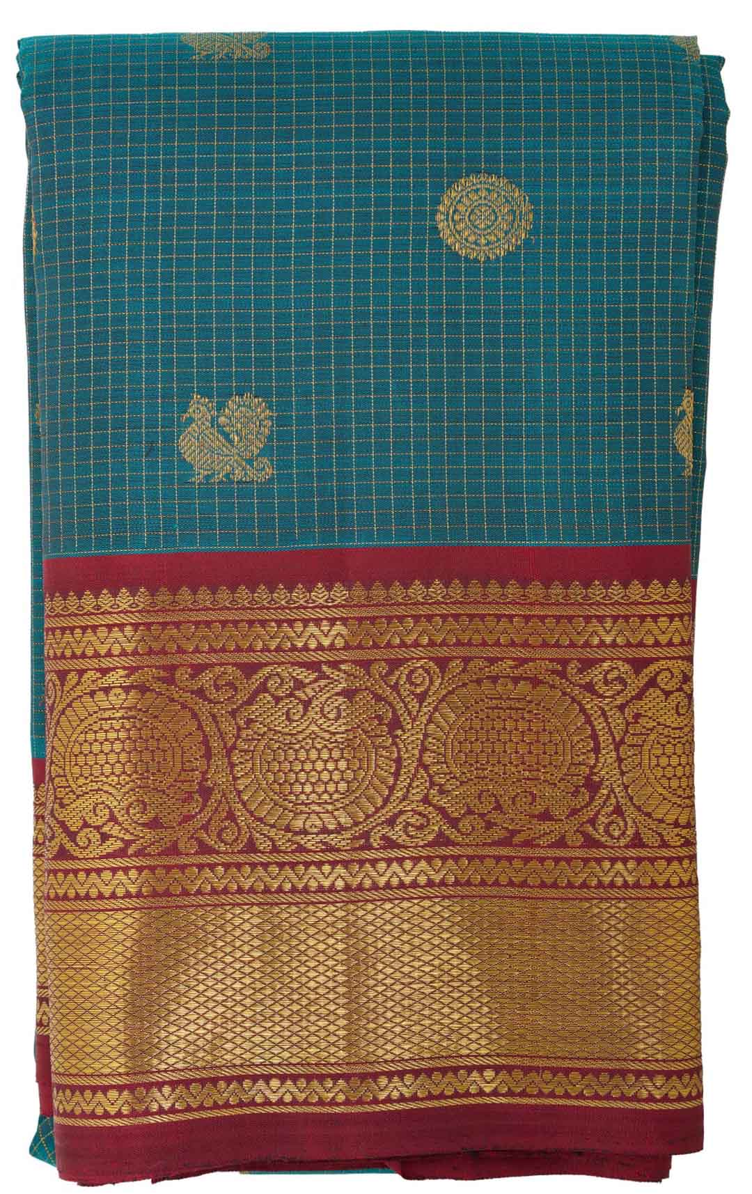 Teal Blue Checks Kanchivaram Saree With Maroon Border