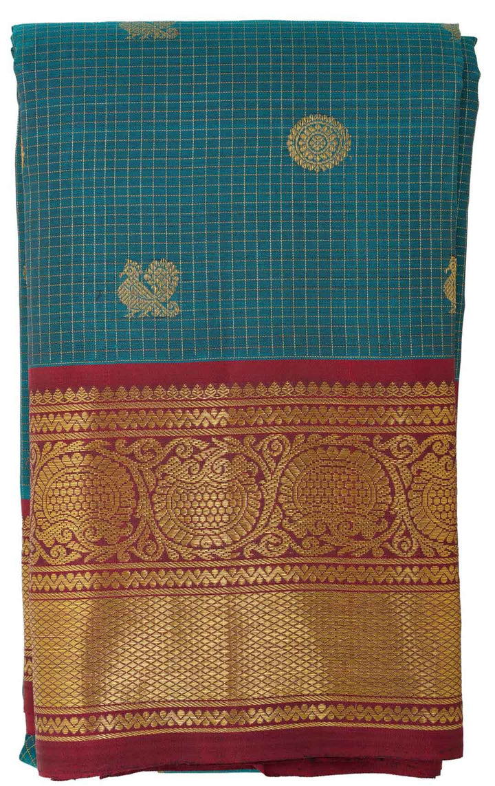 Teal Blue Checks Kanchivaram Saree With Maroon Border