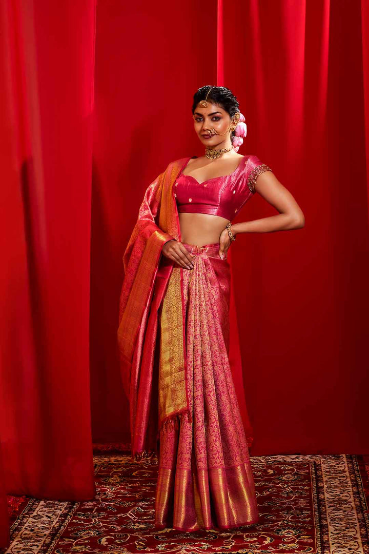 Lotus Pink Kanchivaram Saree With Vanastrinkaram Design