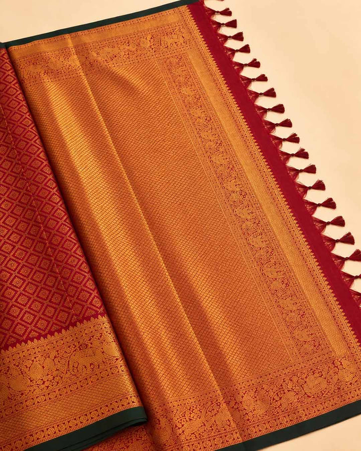 Maroon Checks Kanchivaram Saree With Elephant And Peacock Border