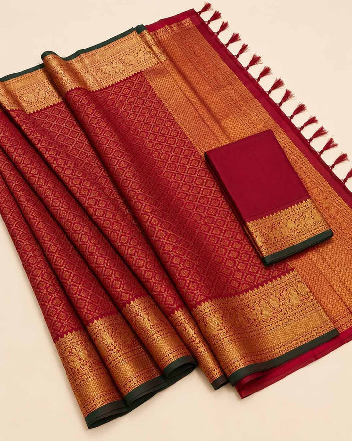 Maroon Checks Kanchivaram Saree With Elephant And Peacock Border