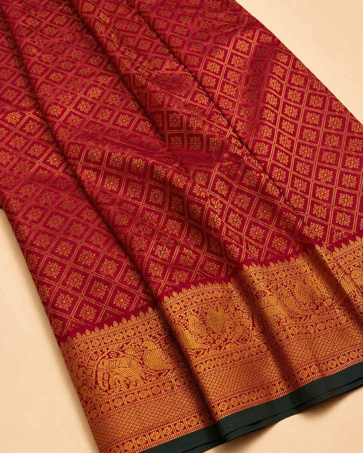 Maroon Checks Kanchivaram Saree With Elephant And Peacock Border