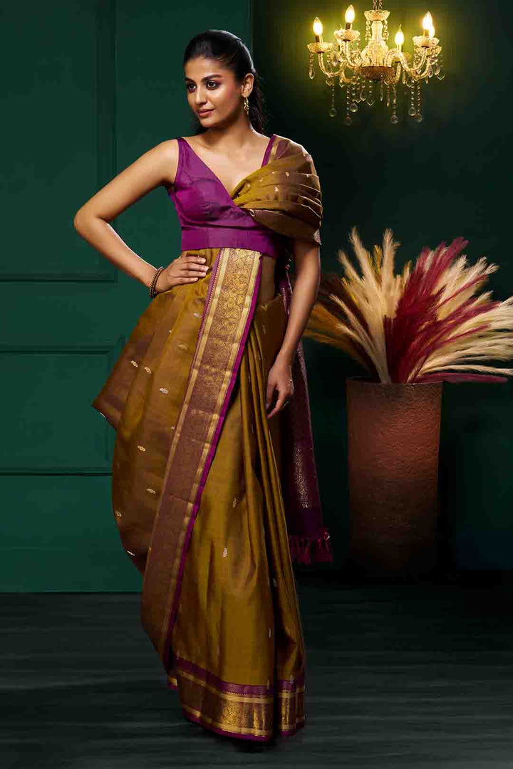 Mehendi Green Kanchivaram Saree With Purple Border