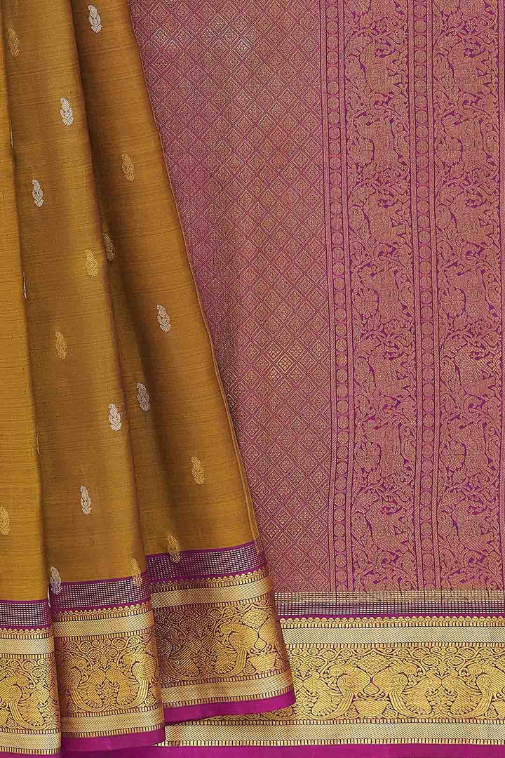 Mehendi Green Kanchivaram Saree With Purple Border