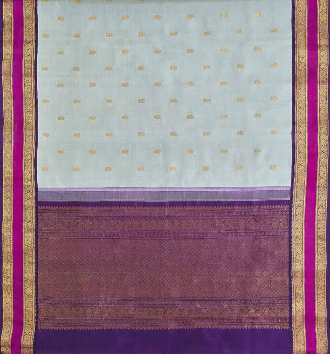 Light Sage Green Kanchivaram Saree With Purple And Pink Border