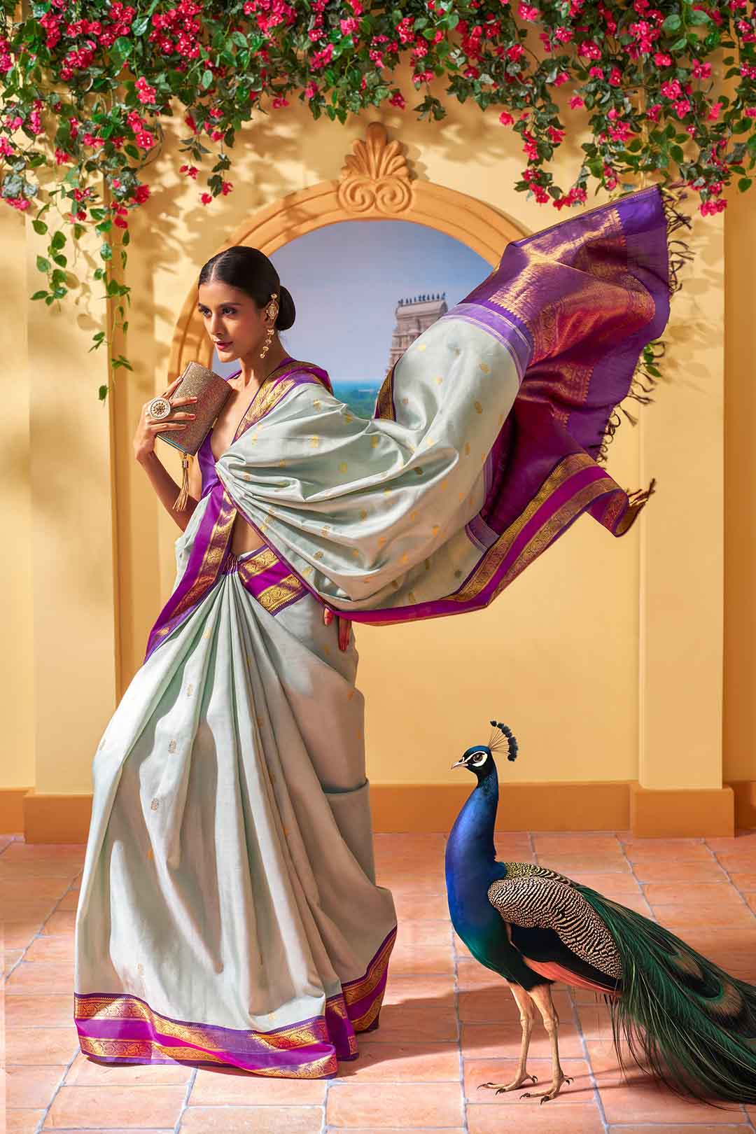 Light Sage Green Kanchivaram Saree With Purple And Pink Border