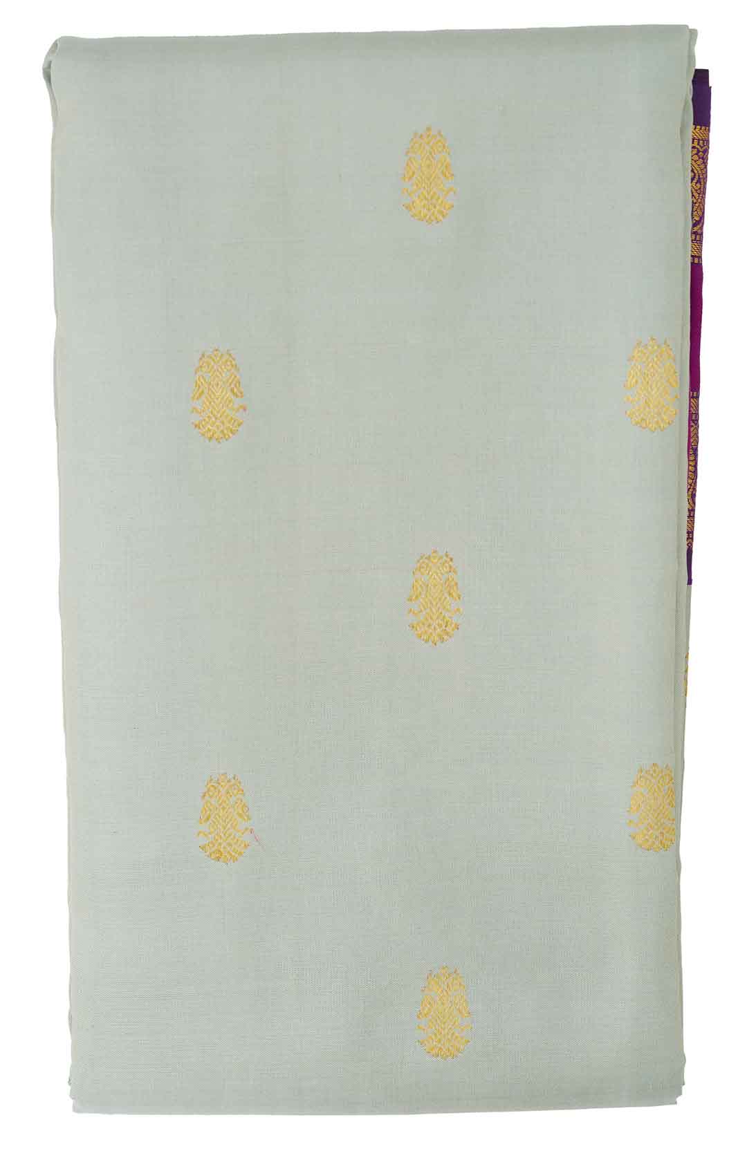 Light Sage Green Kanchivaram Saree With Purple And Pink Border