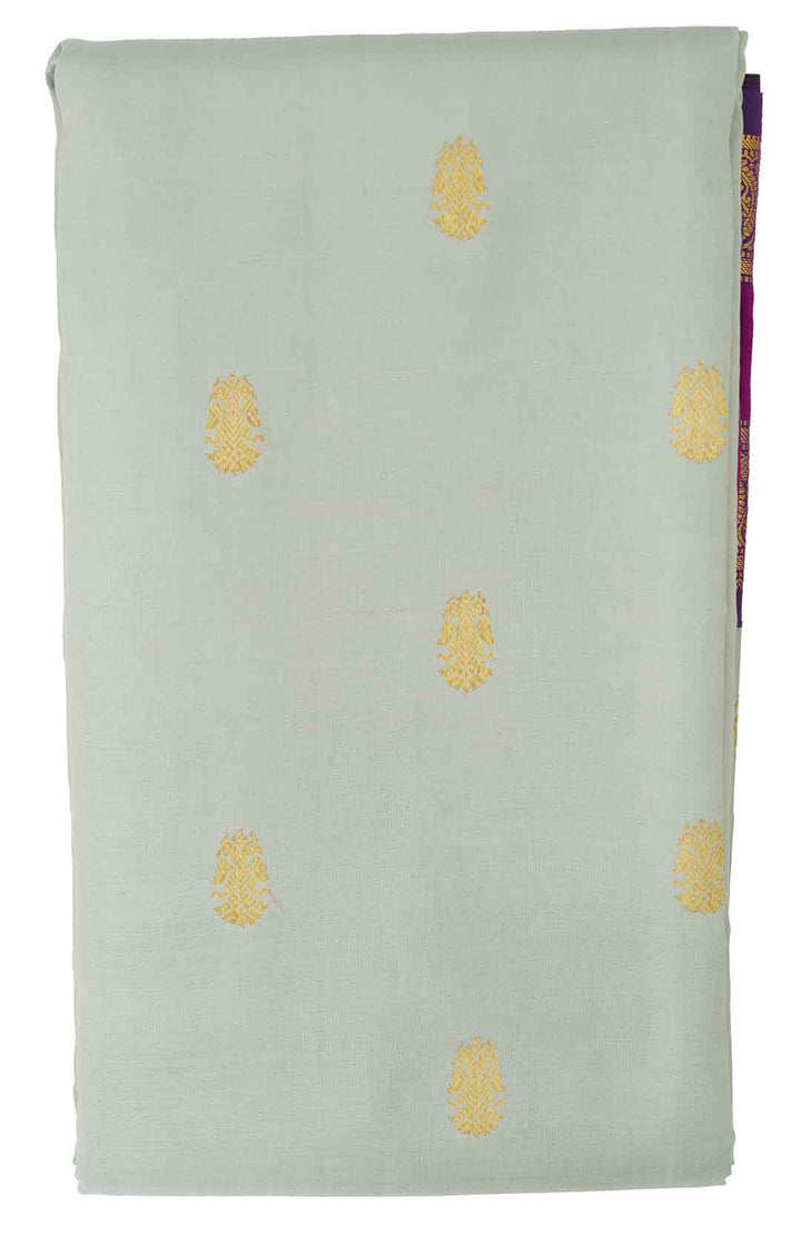 Light Sage Green Kanchivaram Saree With Purple And Pink Border