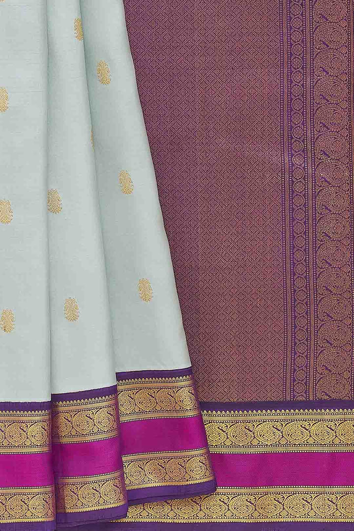 Light Sage Green Kanchivaram Saree With Purple And Pink Border