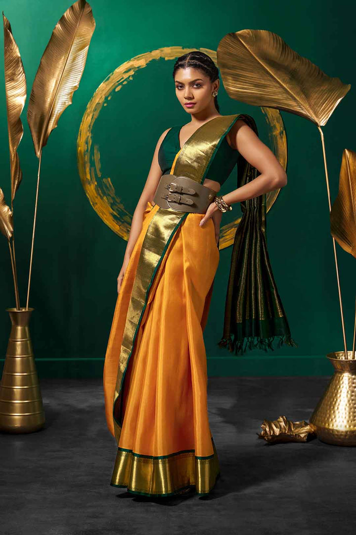 Mango Yellow Kanchivaram Saree With Bottle Green Border