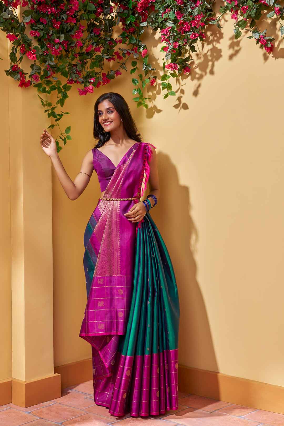 Peacock Green Kanchivaram Saree With Purple Border