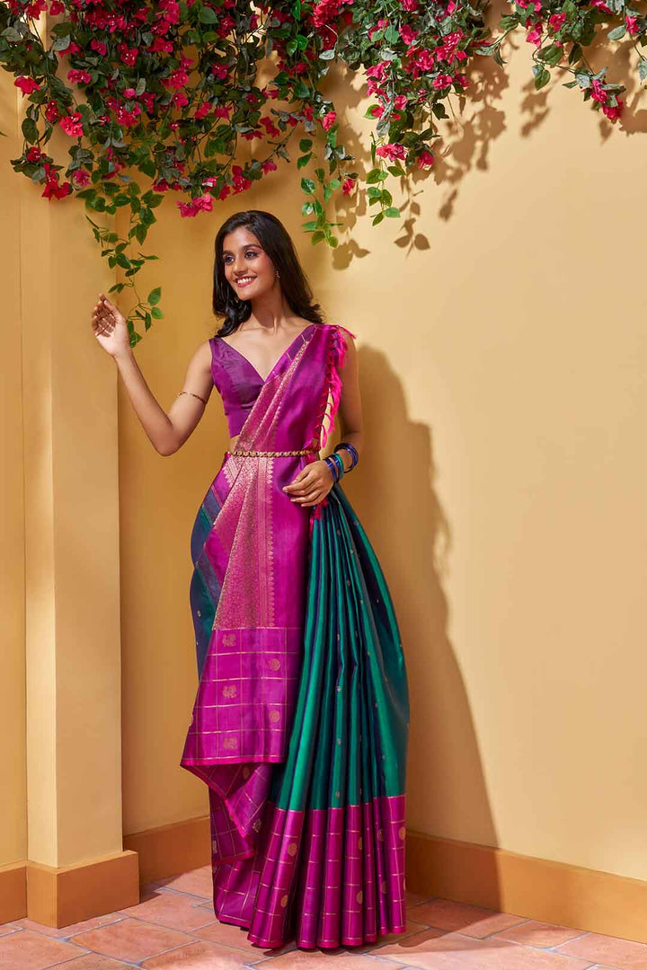 Peacock Green Kanchivaram Saree With Purple Border