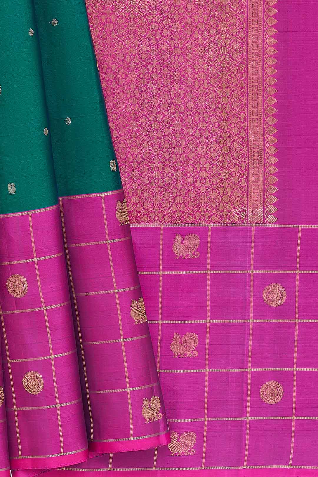 Peacock Green Kanchivaram Saree With Purple Border