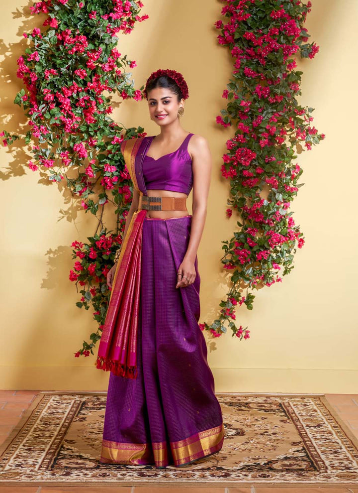 Wine Checks Kanchivaram Saree With Mango Butti