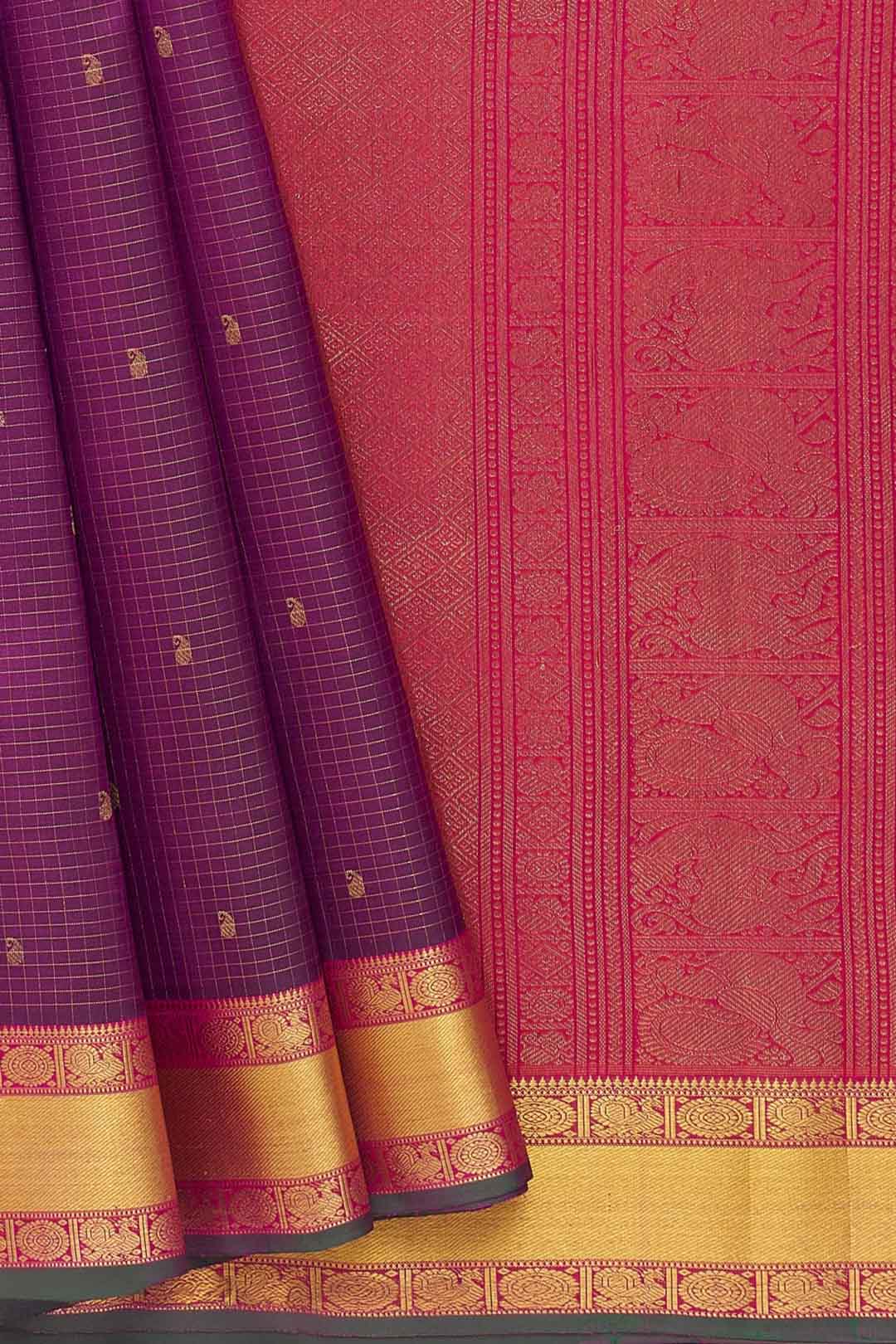 Wine Checks Kanchivaram Saree With Mango Butti