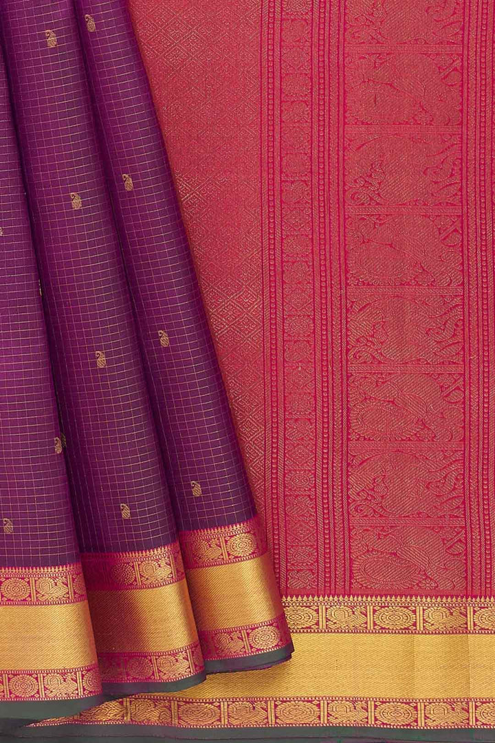 Wine Checks Kanchivaram Saree With Mango Butti