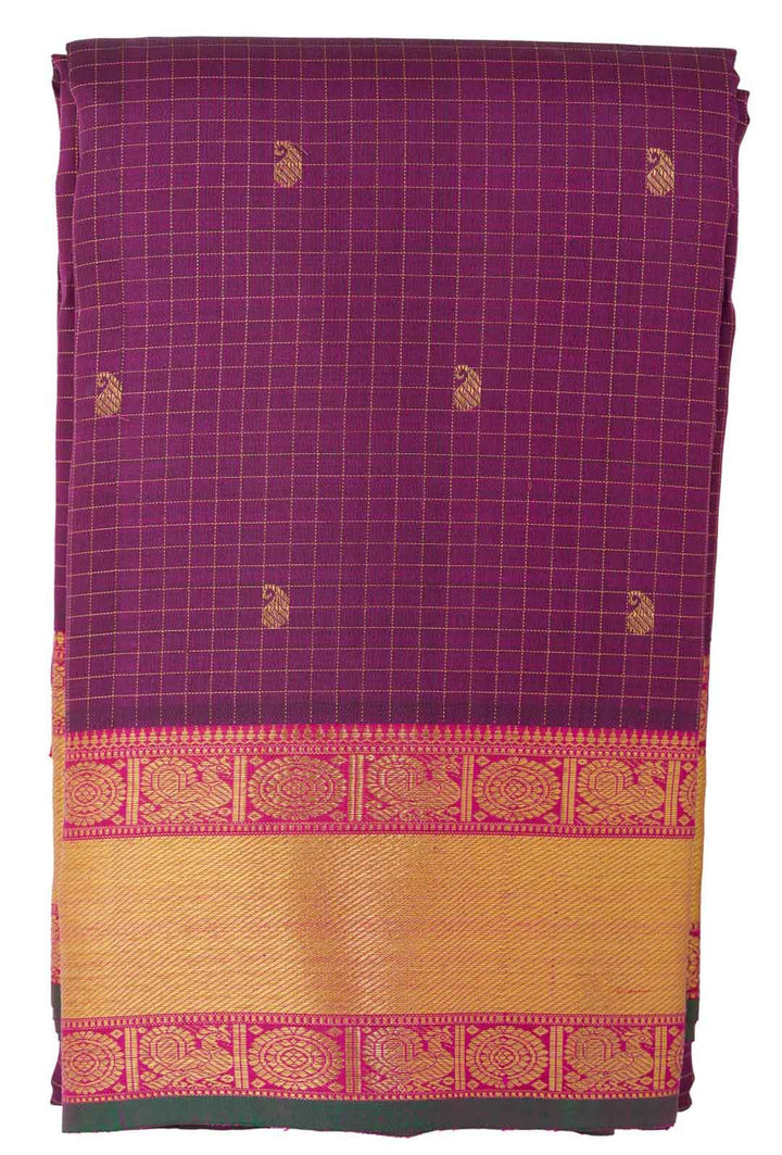 Wine Checks Kanchivaram Saree With Mango Butti