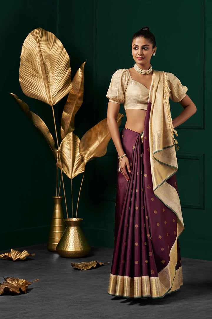 Deep Burgundy Kanchivaram Saree With Cream Border